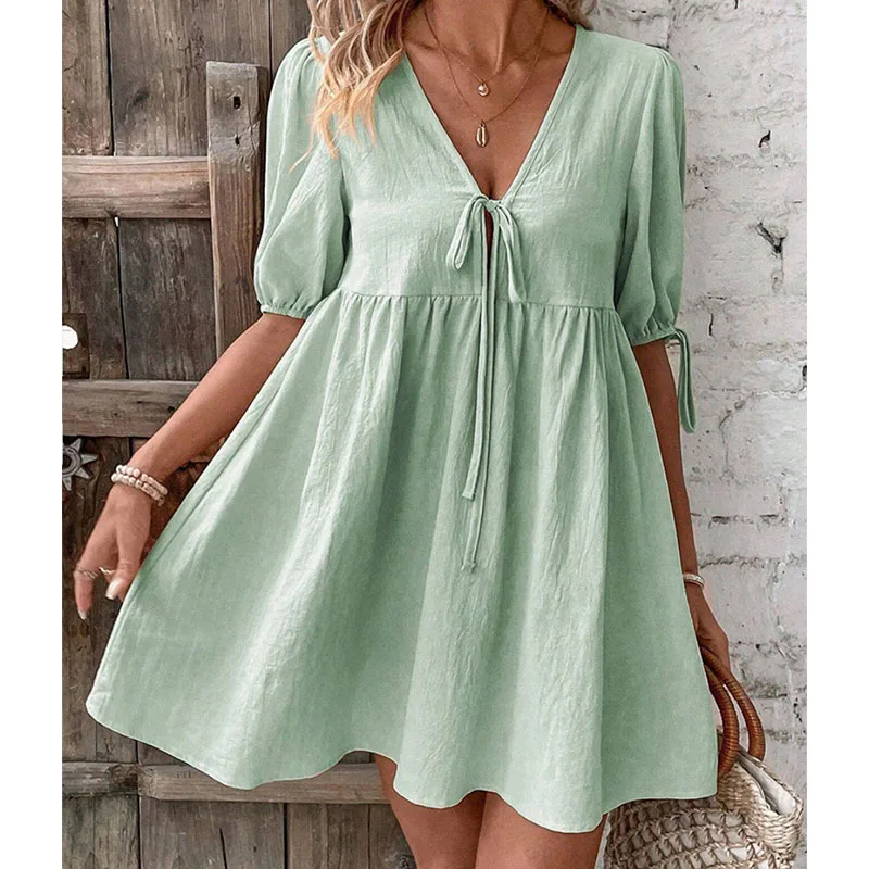 Mini abito allentato estivo da donna casual Solido sexy scollo a V Manica corta Gonna da spiaggia Vestito estivo Abiti eleganti e traspiranti Abiti