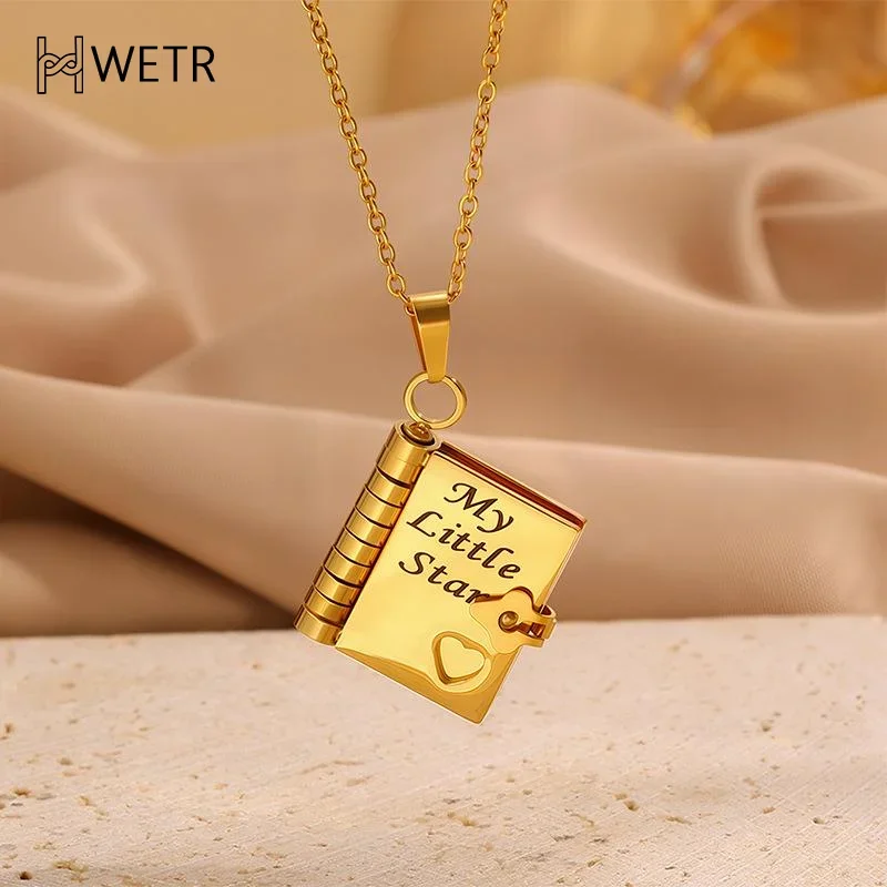 الفولاذ المقاوم للصدأ بلدي ليتل ستار نقش كتاب قلادة قلادة لابنة الحب قابلة للفتح مع 7 صفحات هدية سلسلة سترة المرأة #4