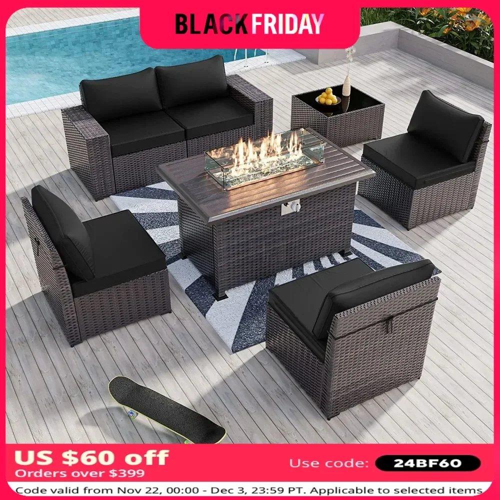 

7 Pieces Outdoor Patio Furniture Set with 43" 55000BTU Gas Propane Fire Pit Table Rattan Sectional Sofa Patio Conversation Sets