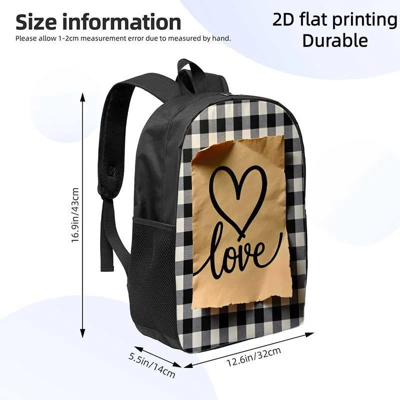 

1 heart and "love" plaid backpack | Lightweight, large capacity, adjustable shoulder straps, casual style, suitable for daily