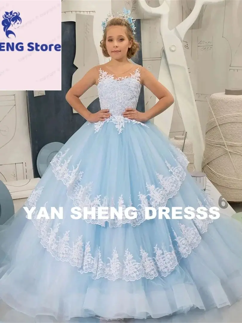 تخصيص الضوء الأزرق زهرة فتاة فستان طول بلا أكمام الزفاف تول ل زين الطابق وصيفة الشرف الاحتفال بعيد ميلاد Eucha