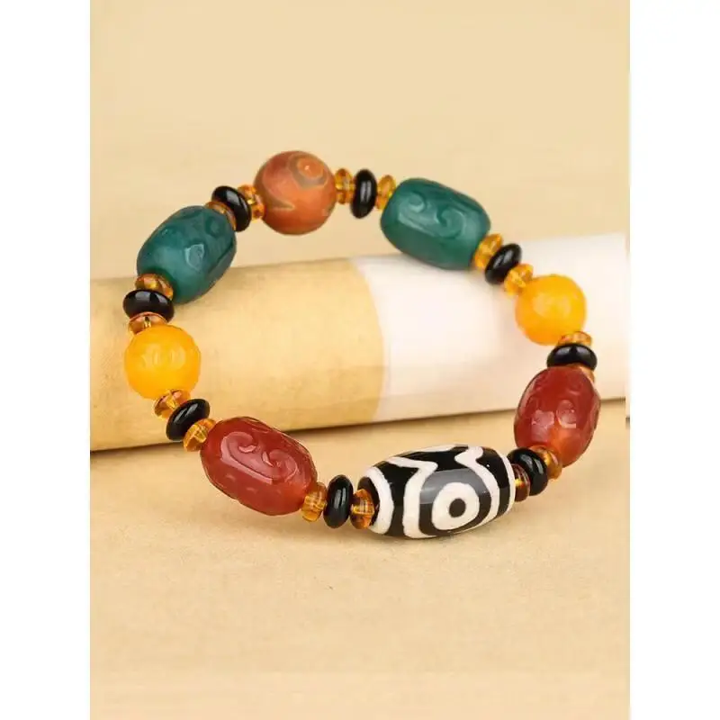 Duobao Chalcedony Single Circle Black Agate Three Eyes Beads Bracelet