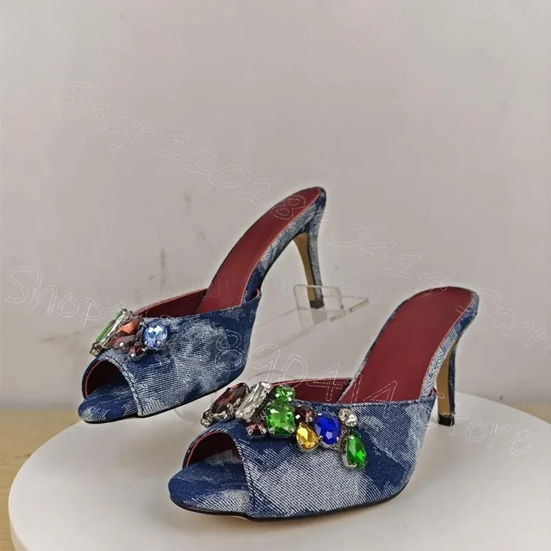 Colorful Crystal Beads Blue Denim Peep Toe Slippers Slip On Women Shoes Thin High Heels Party Banquet 2025 Zapatos Para Mujere