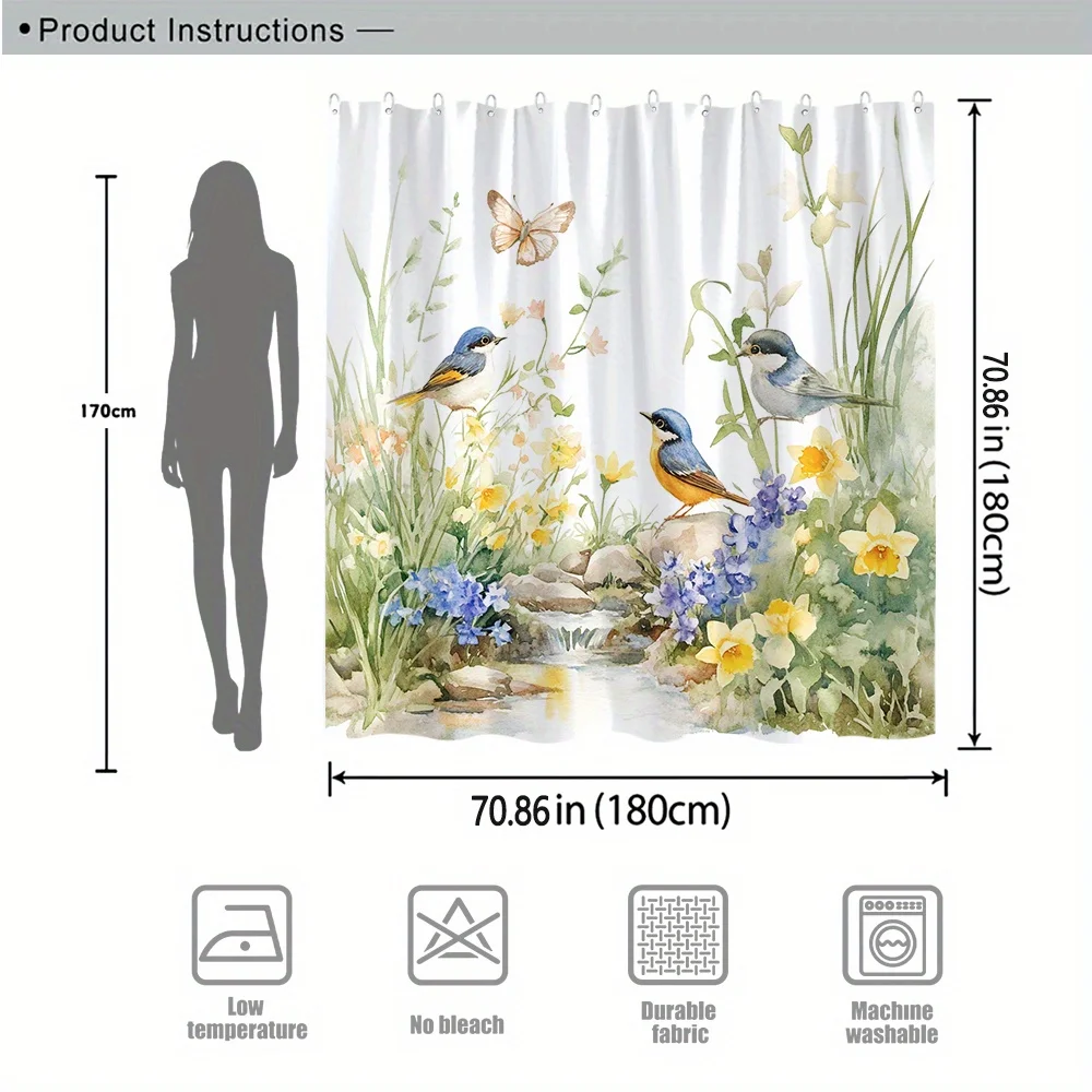 Watercolor Birds and Flowers Shower Curtain Waterproof Easy to Clean Privacy Protection Print Nature Garden Art Design 12 hooks