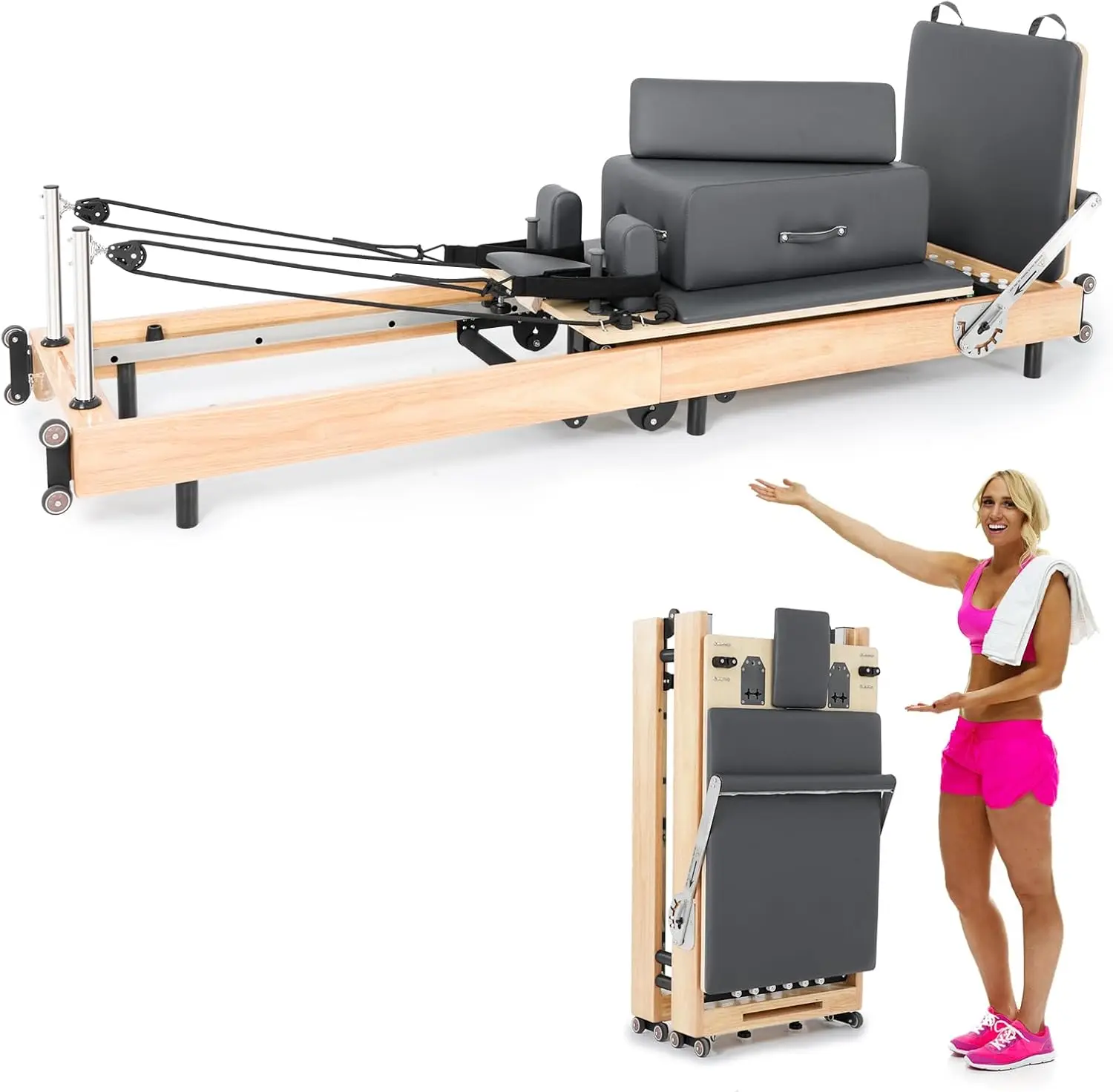 Foldable Oak Wood Pilates Reformer Machine with Reformer Box and Jump Board for Home Workouts, Body Exercises, Studio, Gym, and Yoga