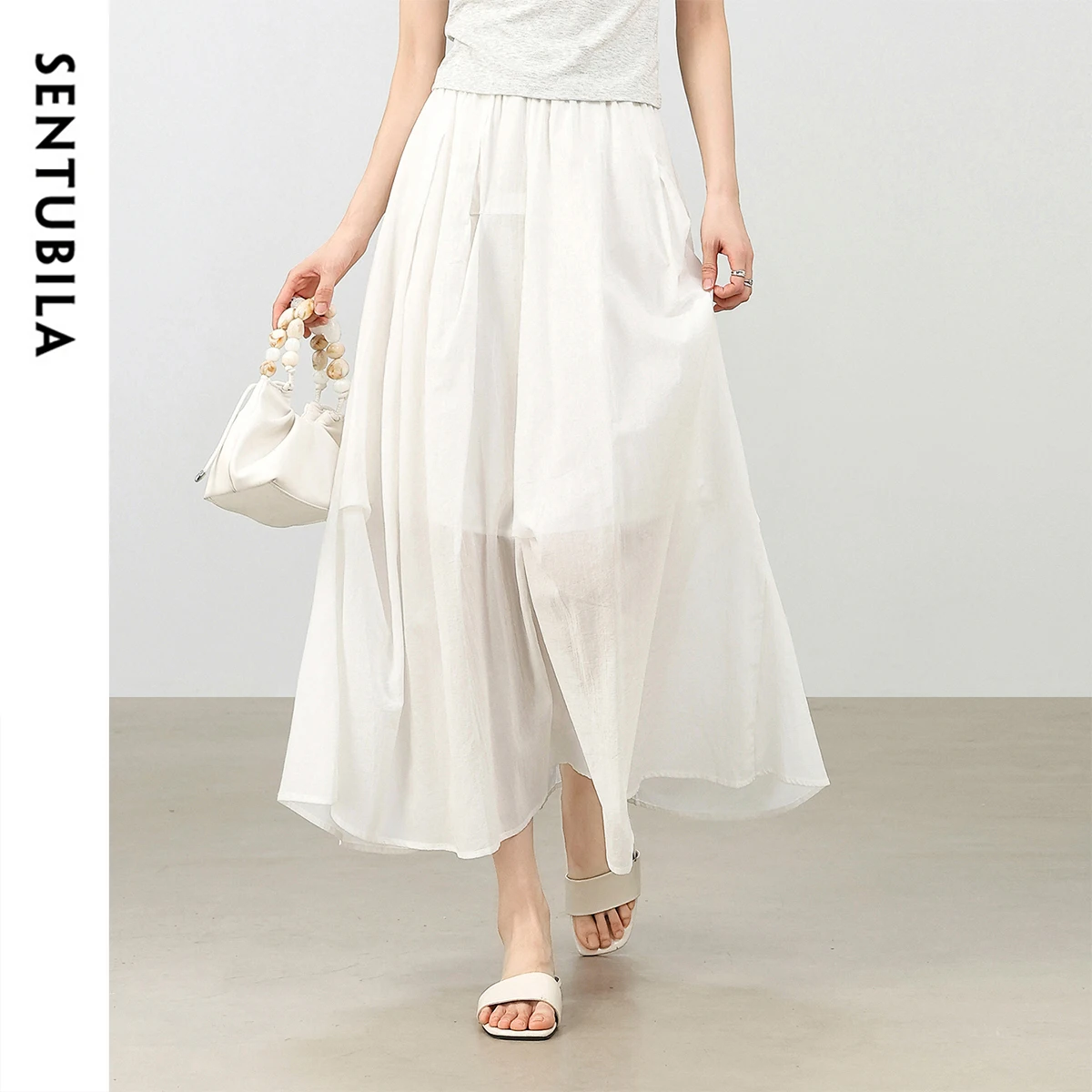 SENTUBILA falda blanca para mujer 2025 verano elegante Casual A-Line faldas plisadas 100% faldas de playa de algodón ropa de mujer W52QA2345