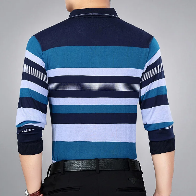 Spring Autumn Men\'s Pullover Turn-down Collar Striped Pocket Button Long Sleeve T-shirt Undershirt Fashion Casual Formal Tops