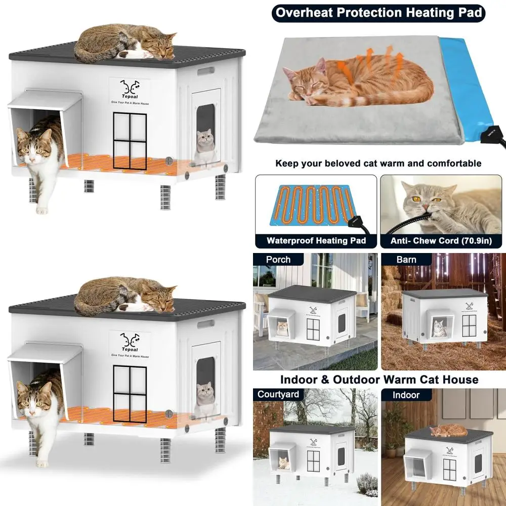 

Weatherproof Outdoor Heated Cat Shelter for Multiple Cats, Large Size with Escape Door for Feral and Stray Cats, 21.7x17x17.5