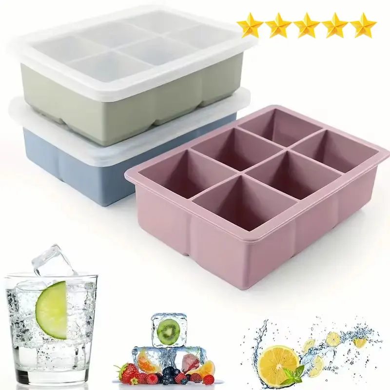 6 Cube Ice Tray Mold Giant Large Food Grade Silicone Mold with Lid Reusable Whiskey Cube Square Tray DIY Ice Maker Ice Tray