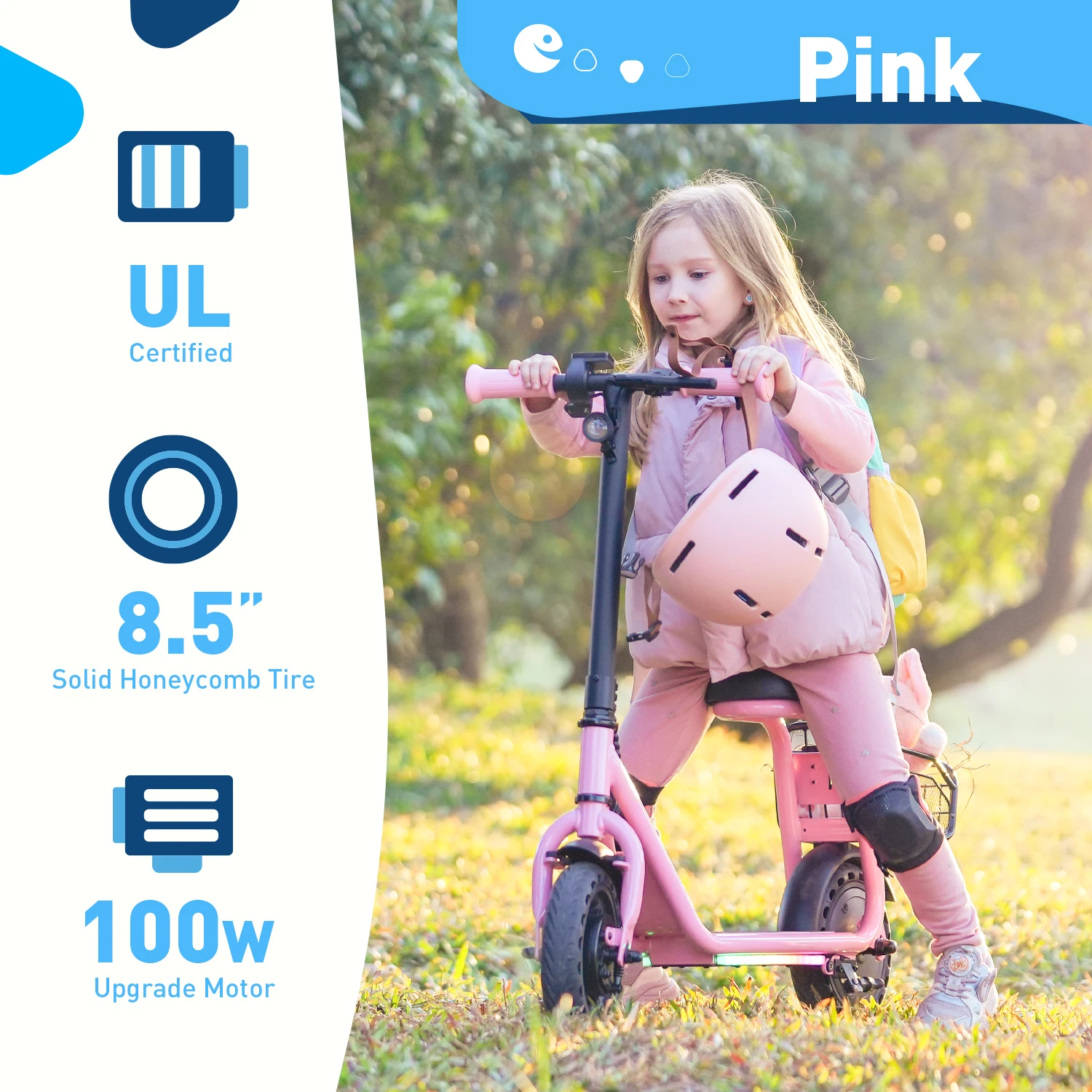 Hulajnoga elektryczna z siedziskiem dla dzieci w wieku 4-10 lat, certyfikat UL, silnik 100W, 3 biegi, prędkość 15 km/h, tylny koszyk, światła LED, wyświetlacz LCD