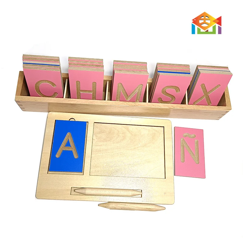 

English Spanish Alfabeto Español Tracing uppercase little letters ties Board montessori materials language wooden toys