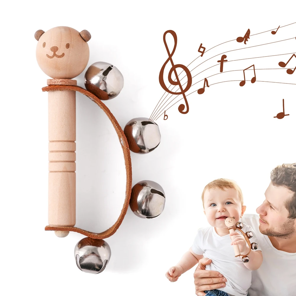 1 buah mainan bayi kayu, bel musik tangan, instrumen kayu, mainan bayi 0 3 tahun, membuat suara mainan, beruang mainan musik, mainan untuk anak-anak