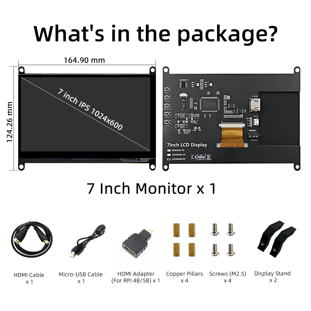Raspberry Pi 5 7 Inch Touch Screen IPS 1024x600 HD LCD HD-MI Display for RPI 5 4B 3B+ OPI 5 AIDA64 PC Secondary Screen