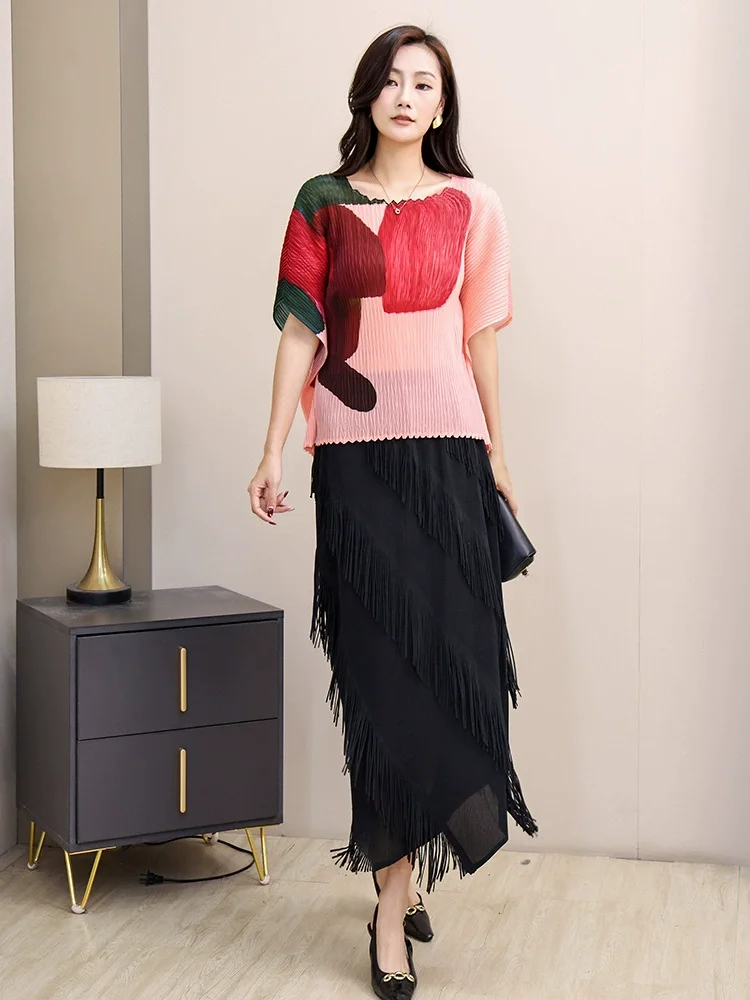 

Miyake Fold Top 2025 Spring/Summer New Style Large Size Fashionable Loose High Elasticity Show Thin and Sagging Printed T-Blood