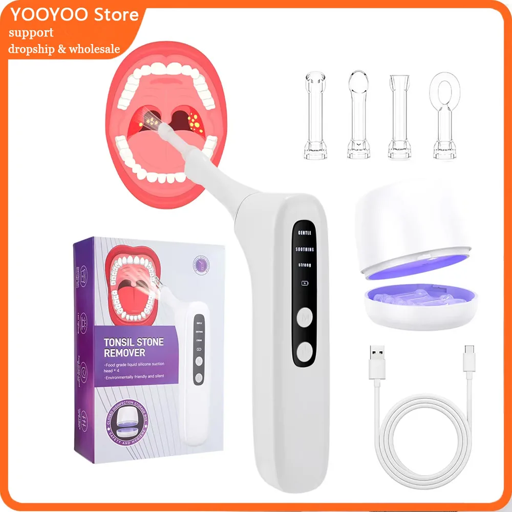 

Electronic Vacuum Tonsil Stone Remover Oral Hygiene Built-In LED light 3 Levels Suction Modes with Charging Base Silicone Tips
