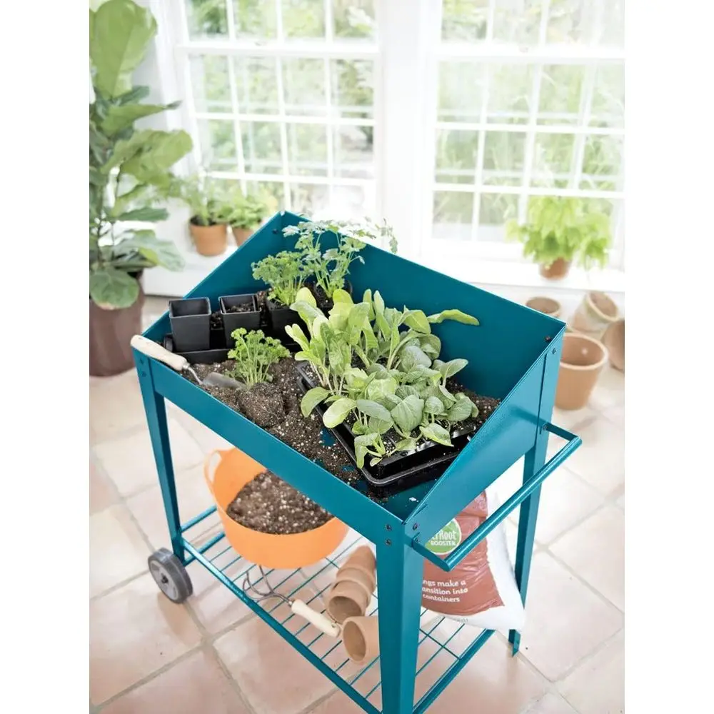 Demeter Metal Potting Bench with Wheels | Heavy Duty Outdoor Garden Work Table Workbench Workstation with Side Metal Sidewalls | - view 3