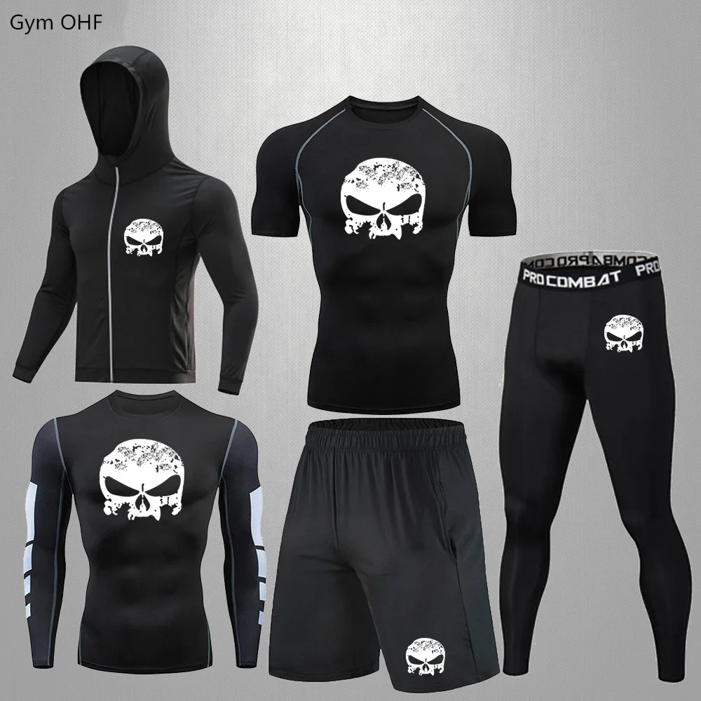 Sports suit men's fitness clothes five piece set speed high elasticity training tight fitting clothes