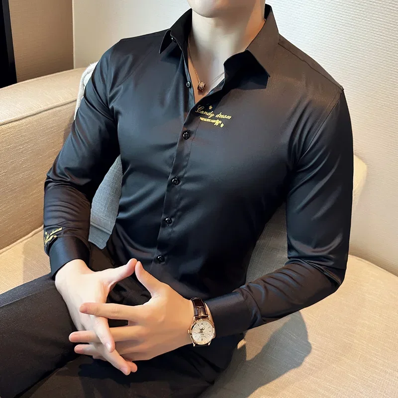 

Korean Fashion Letter Embroidered Shirt Men Casual Business Formal Dress Shirts Long Sleeve Slim Fit Social Party Tuxedo Blouse