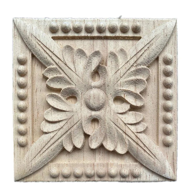 8cm Chinese Carving Solid Wood Appliques for Furniture Cabinet Unpainted Wooden Mouldings Decal Vintage Home Decor Decorative