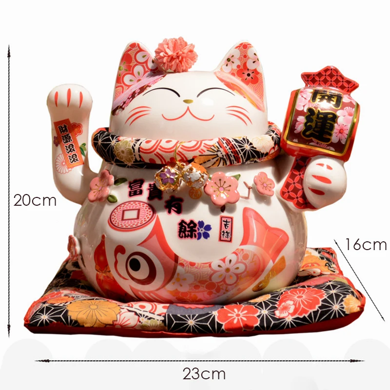 9 Inch Waving Hand Ceramic Maneki-neko Figurine Lucky Fortune Cat with Gift Box Home Office Decorative Ornament