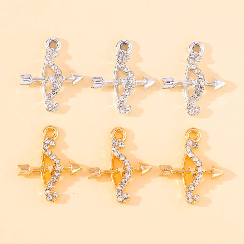 10Pcs Creative Design Lucky Zircon Bow Arrow Charms Golden Alloy Pendant Sweet Couple Necklace DIY Accessories Jewelry Making