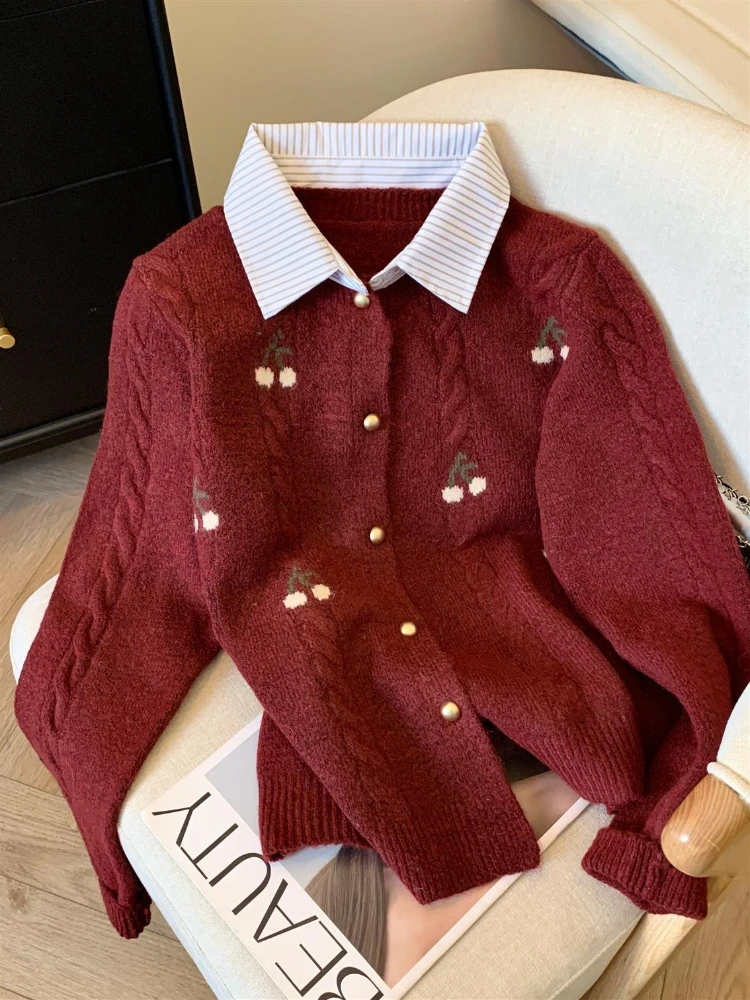 2025 Otoño e Invierno moda nuevo cárdigan de punto elegante para mujer, cuello abatible, Jersey informal grueso y cálido de Color sólido