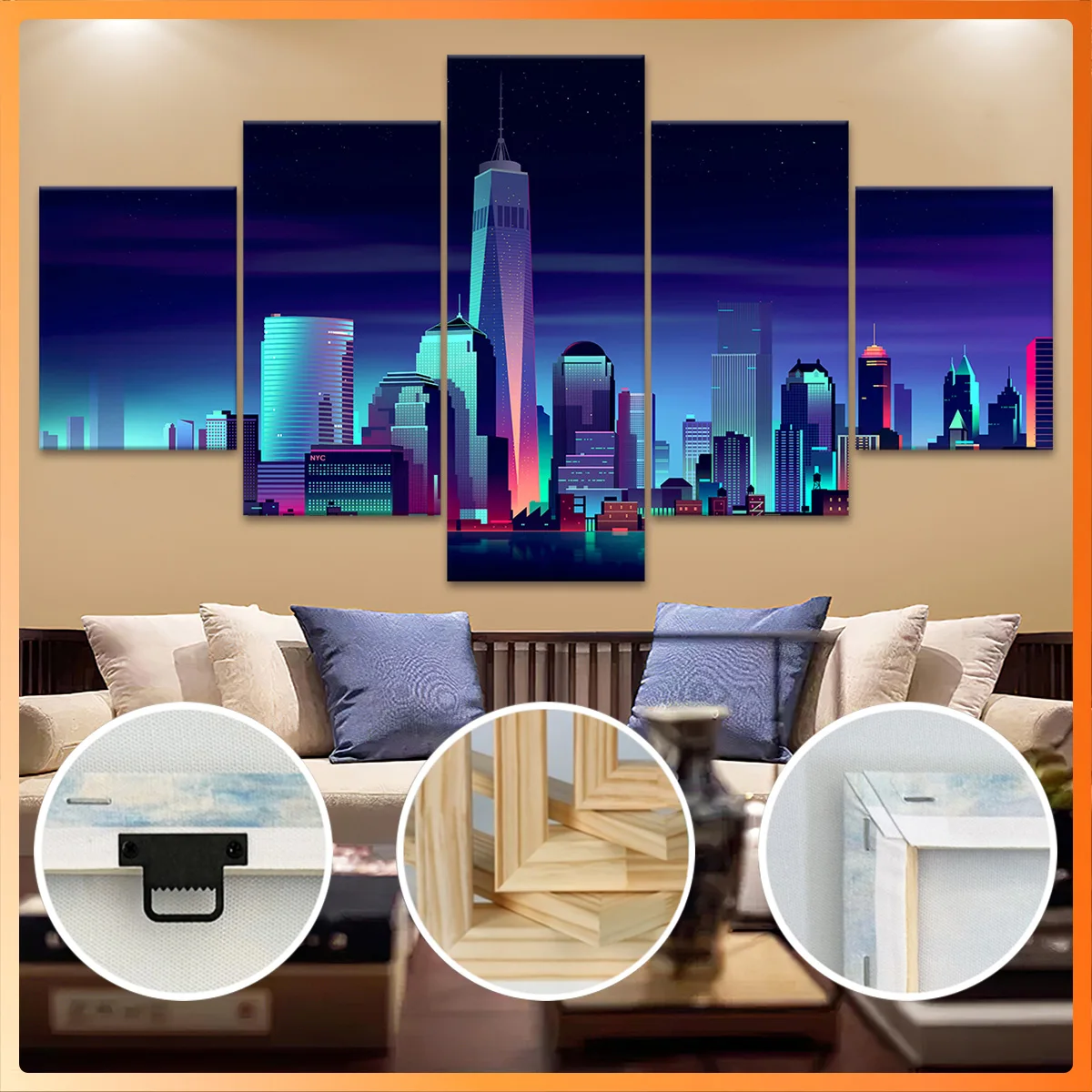 

5pcs Wooden Framed Canvas, Neon Futuristic Metropolis, Fashion Poster, Art for Home Decoration, Pattern Wall Art