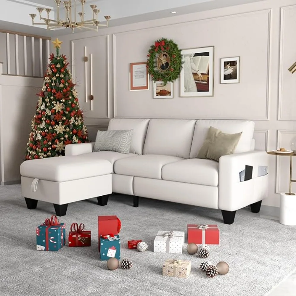 Convertible combination sofa, modern 3-seater L-shaped soft cushion sofa set, with storage double-sided footstool and livingroom