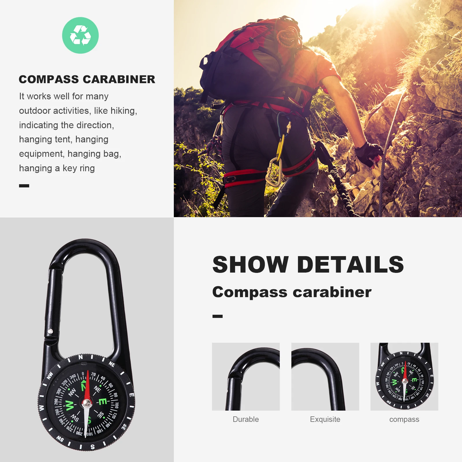 

Zinc Alloy Carabiner Compass Hiking Keychain Portable Camping Outdoor Tools Durable Graduated Ring Mini Direction Indicator