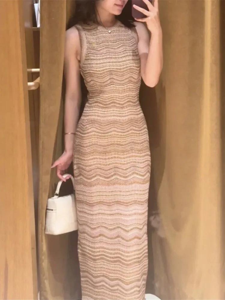 Female Summer Knitted O Neck Ankle Length Dress Hollow Out Ripple Pattern Slim Sleeveless Long Dresses A-Line Elegant Sundress