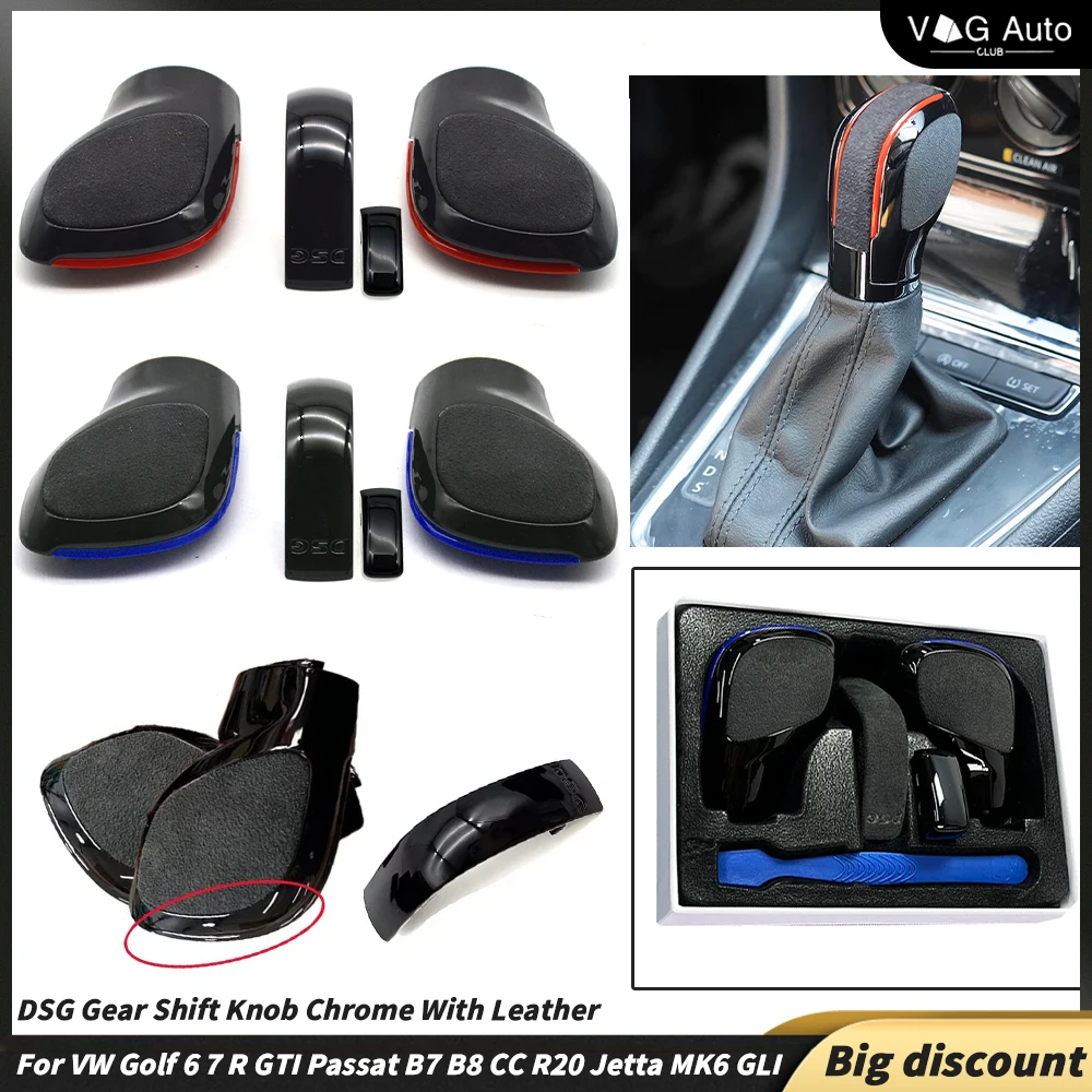 Perilla de palanca de cambios DSG cromada con cubierta lateral de cuero azul y roja para VW Golf 6 7 R GTI Passat B7 B8 CC R20 Jetta MK6 GLI
