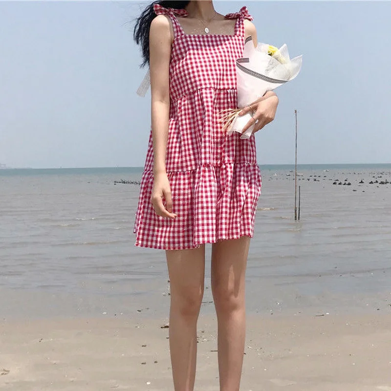 Plaid Sleeveless Dress Women Belt Design All-match Summer A-line Hot Sale Beach-dresses Ulzzang Students Fashion Vestidos Casual