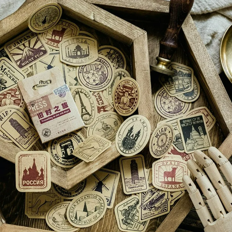 46PCS Vintage Old Times Travel Sticker Country Travel Decals for Luggage Phone Suitcase Skateboard Guitar DIY Sticker Decoration