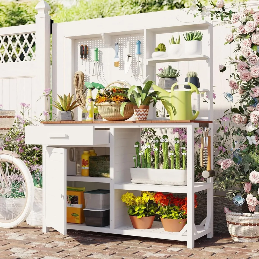 

Fir Wood Potting Bench with Hutch, Garden Workstation for Planting, 4 Shelves & Adjustable Storage, Pegboard with Hooks, 50.2''C