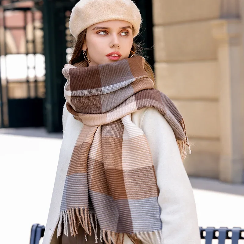 Bufanda a cuadros de lujo para mujer, chal cálido de Cachemira, Pashmina larga, Foulard femenino, con borla chal, manta Poncho de viaje, Invierno