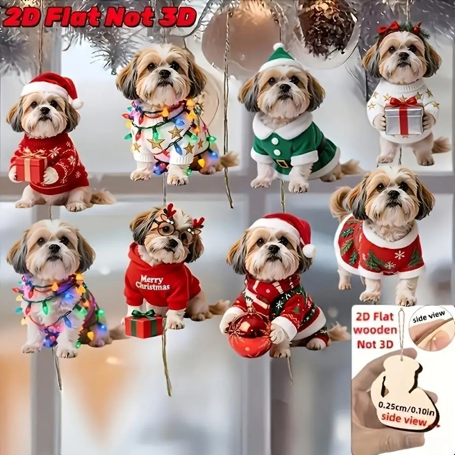 1/5/10/20/50/100pcs 2D Design, 8-Piece Christmas Set, 8 Cute Shih Tzu Designs Holding a Gift Box and Christmas Ball, Wooden Holi