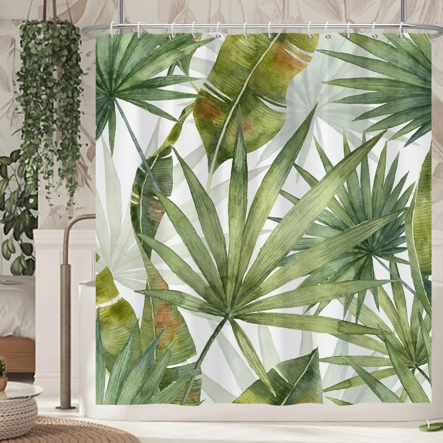 Tropical Plants Floral Shower Curtains Beige Green Palm Leaves Flowers Nordic Decor Bathroom Polyester Bath Curtain with Hooks