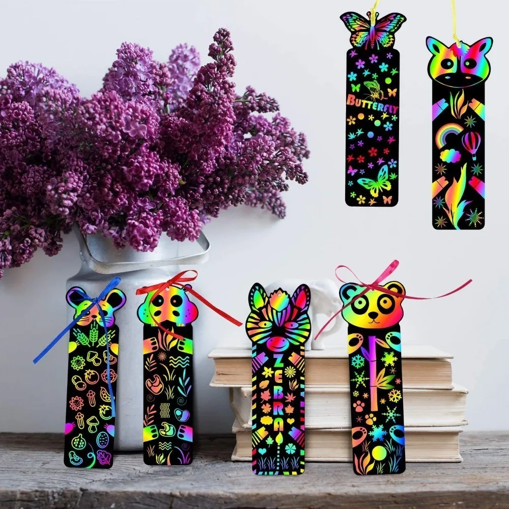 12 Pcs Animal Bookmarks Scratch Drawing Paper Diy Magic Scratch Art Kids Painting Book Creative Card Educational Toy with Tools