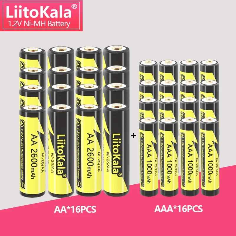 

16Pcs LiitoKala 1.2V AA 2600mAh/AAA 1000mAh 1.2V NI-MH Camera Flashlight Toy Pre-Charged Rechargeable Batteries with box