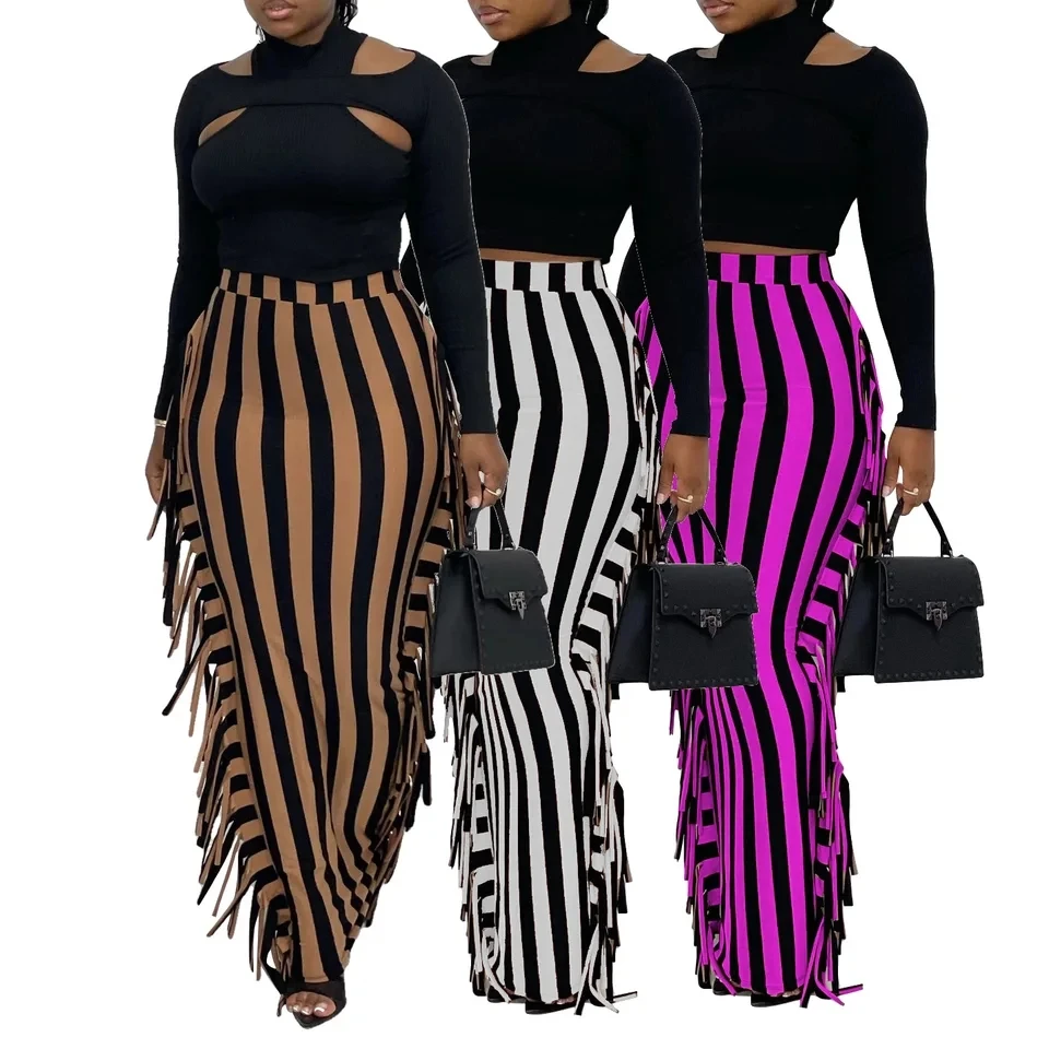 

2026 Autumn Winter Women High Waist Vertical Stripes Print Burnout Tassel Pencil Skirt Slimming Long Dress Multi Colors Optional