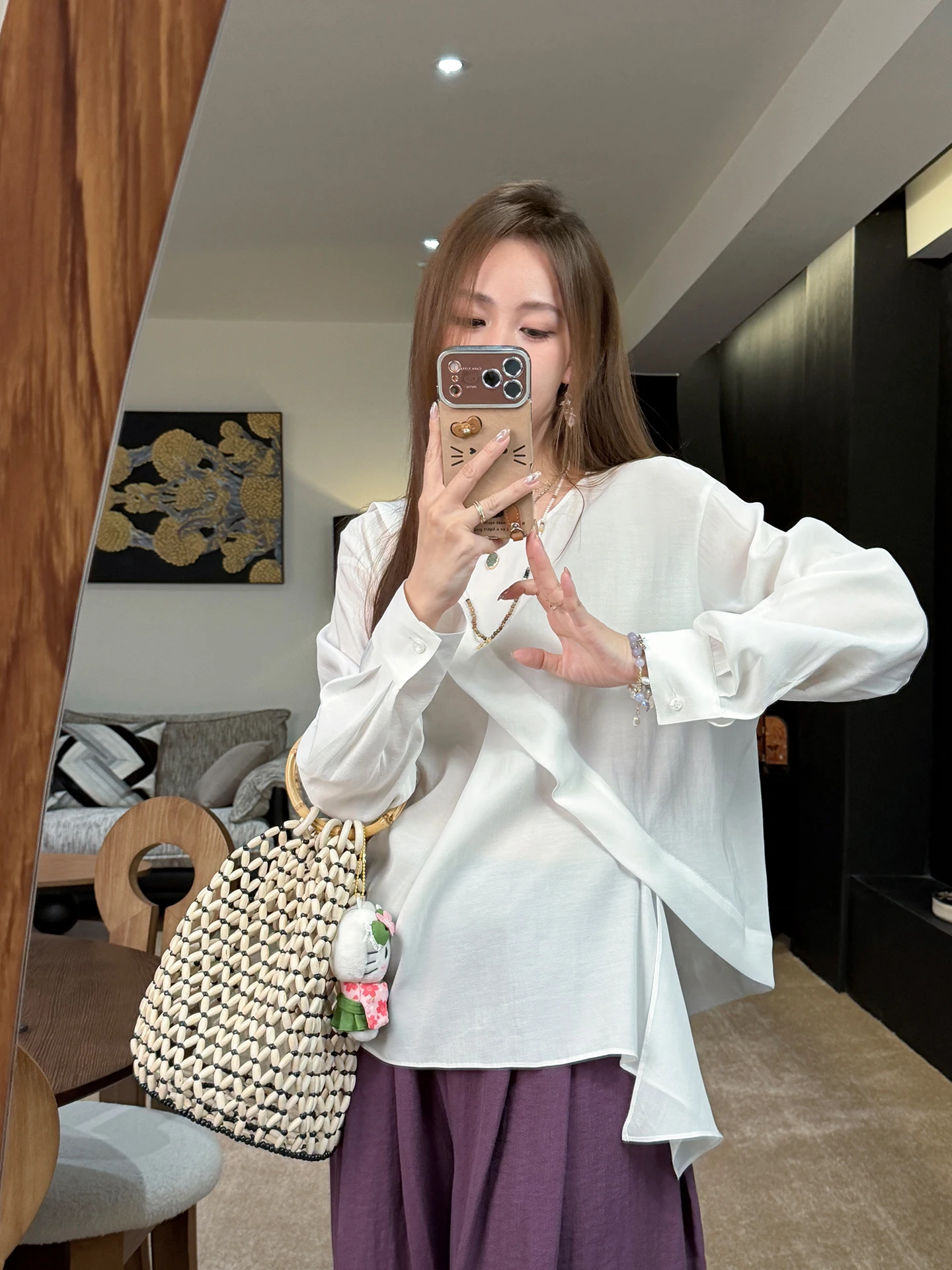 

Zhang Sheshi Summer 2026 White Silk Chiffon Shirt Lightweight Feel Straight Cut Korean Style Commute Fashion Long Sleeve roun...