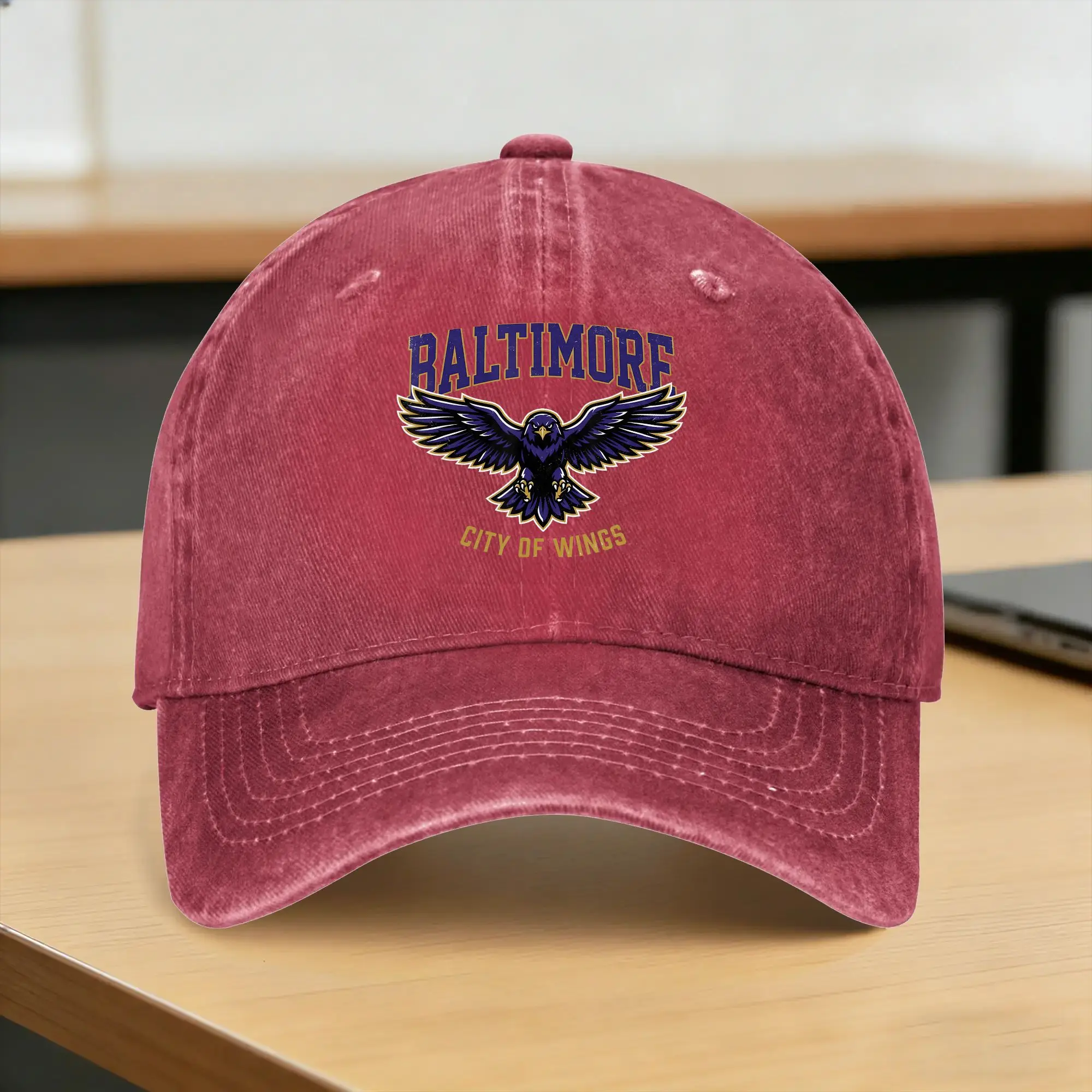 Baltimore City of Wings Raven Sun Baseball Cap  Trendy Men Women Washed Trucker Hat High Quality Custom DIY Hippie Baseball Caps