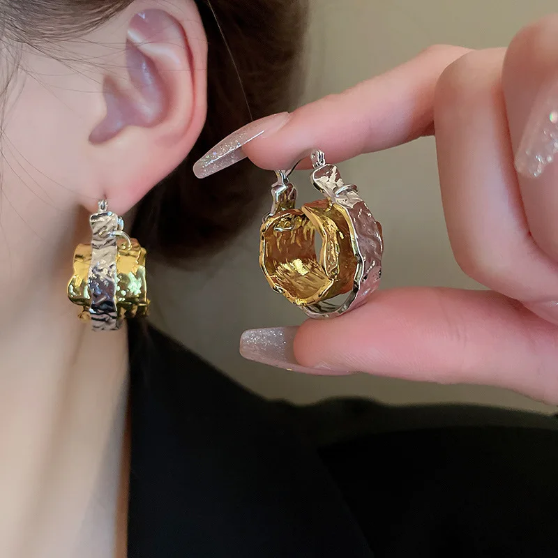 Personalized contrasting colors, pleats, metallic circles, double-layer ear buckles, earrings, fashionable niche high-end temper