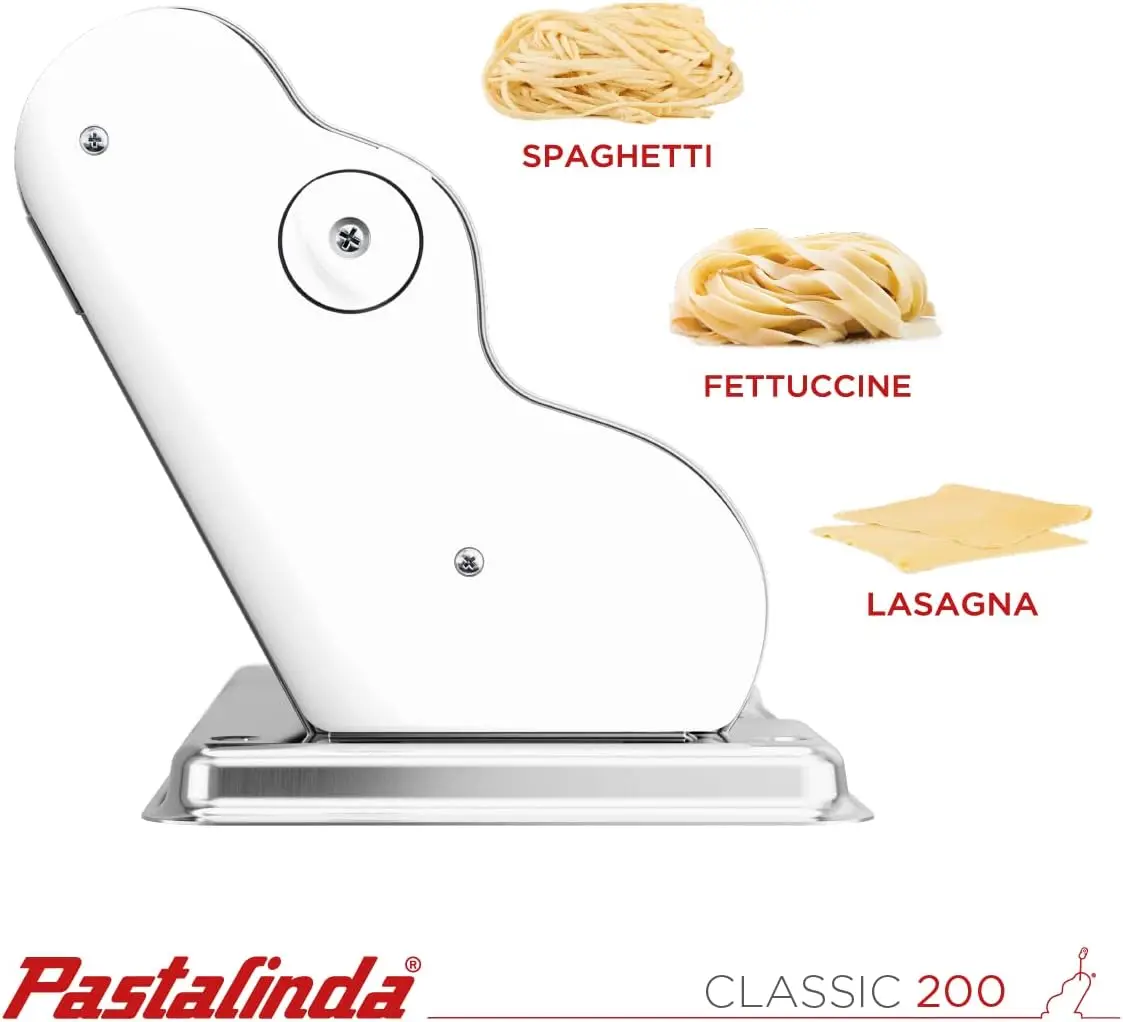 200 Pasta Maker Machine, 20 cm Wide Rollers, 9 Thickness Positions, 2 Cutting Positions, Stainless Steel. Includes Reinforced Ha