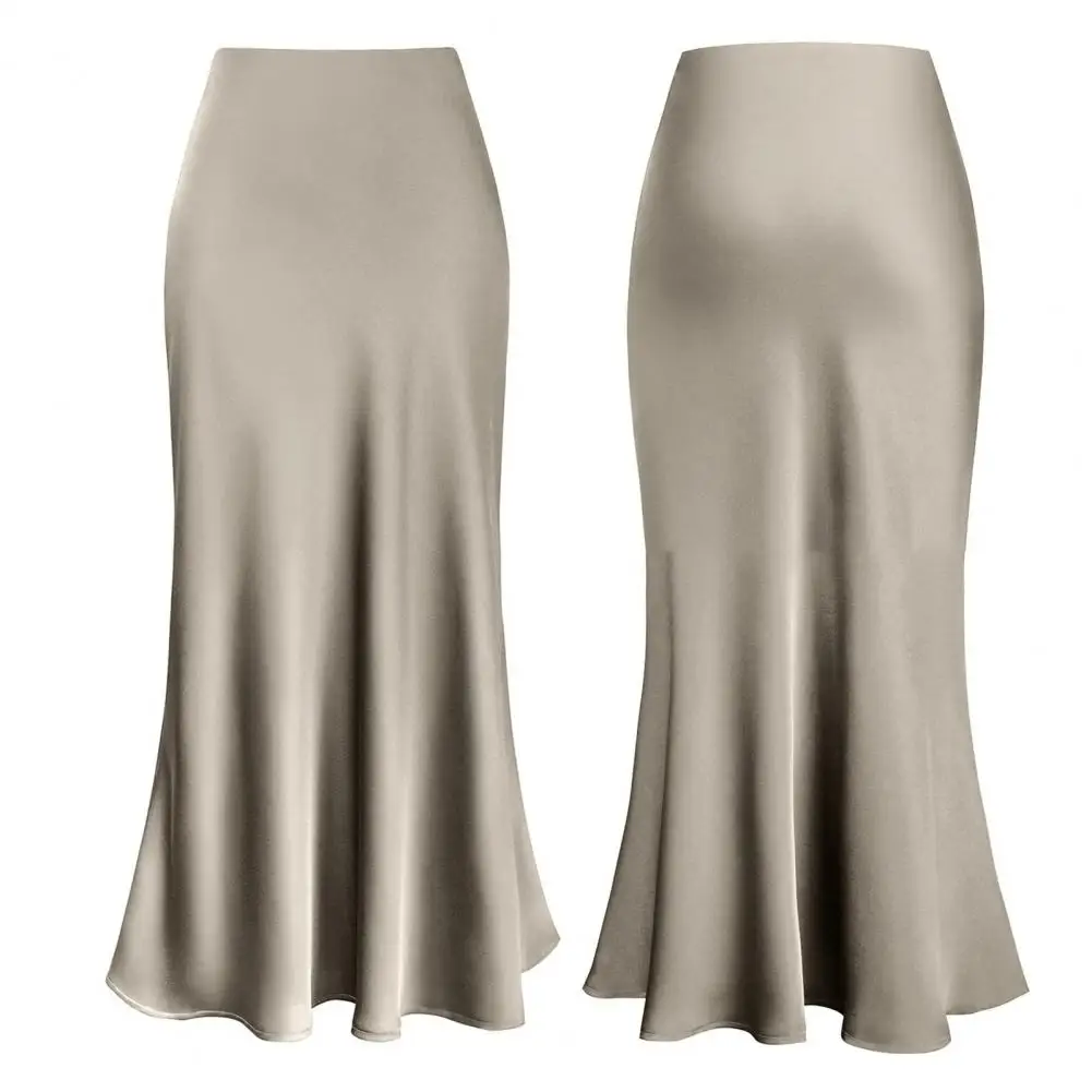 A-line Skirt Fishtail Skirt Elegant Faux Silk Satin Skirts for Women High Waist A-line Office Lady Skirt Solid Color Glossy