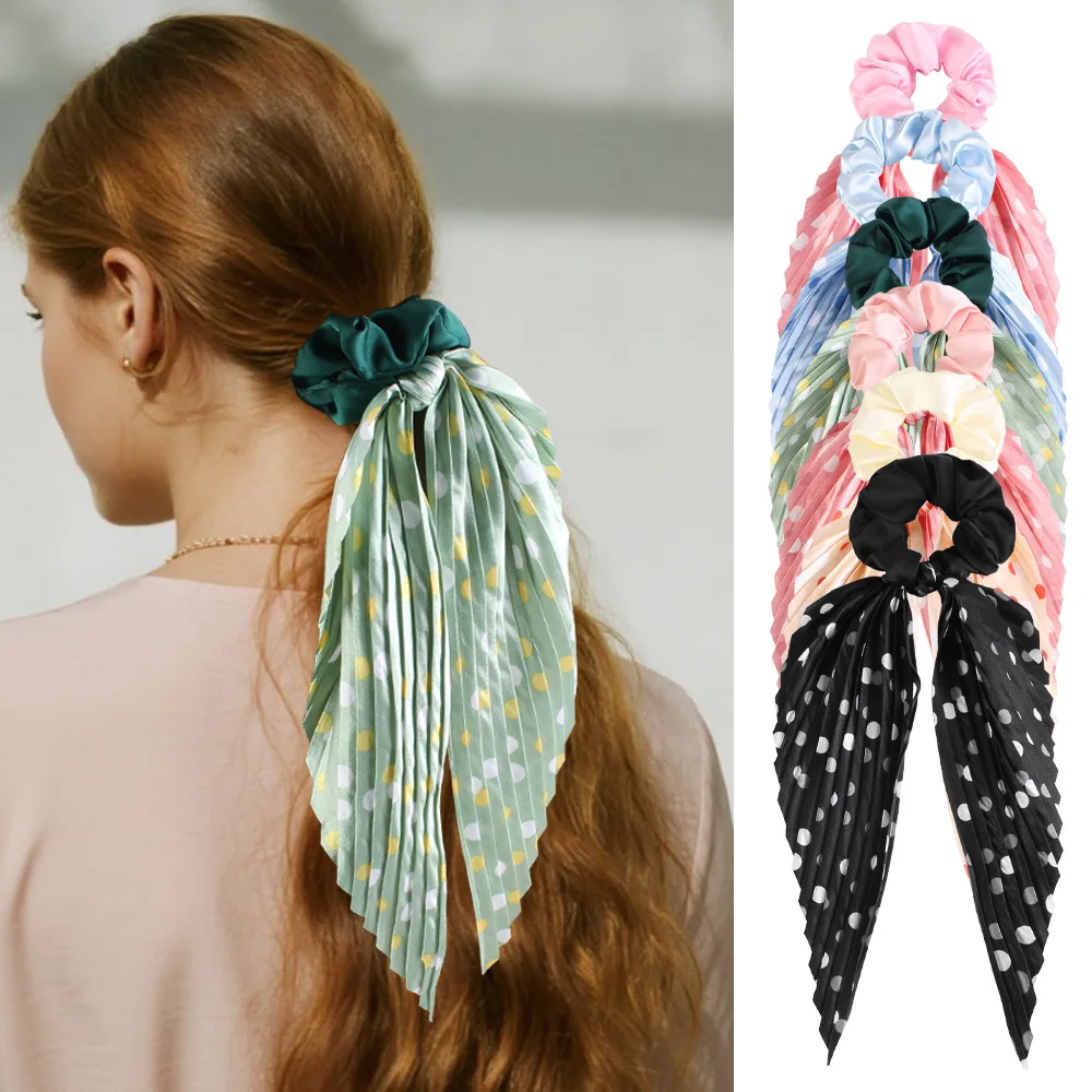 Pleated Scrunchie with Long Ribbon, Printed Satin Scarf Hair Tie, Elastic Ponytail Holder Bow Hair Band, Women Vintage Hair Acce