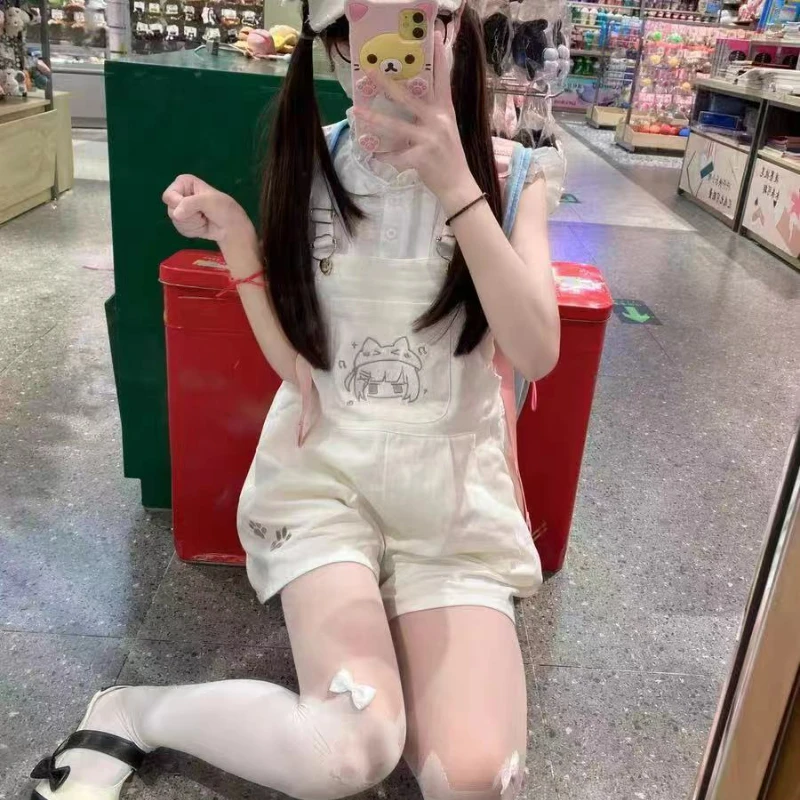 Sweet Lolita Style Overall Shorts Set Women Cute White Shirt Grunge Cartoon Print Romper Jumpsuit Harajuku Y2k Strap Shorts Suit