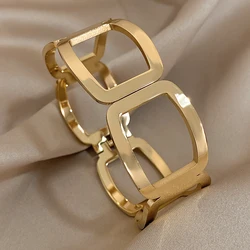 Fashion Simple Hollow Square Circle Geometric Bracelet Chunky Stainless Steel Gold Silver Color Cuff Bangle Jewelry Gifts