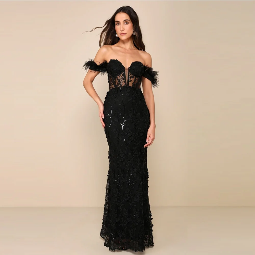 Luxury Bateau Mermaid Prom Dress Lace Applique Feather Embellished Bodice birthday dress Customized