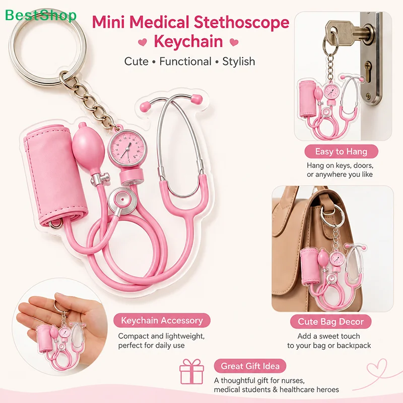 〔R〕1Pcs  Nurse Bag Charm Pendant 2D Flat Doctor Cute Pink Mini Stethoscope Keychain Gift Accessory For Keys Backpack